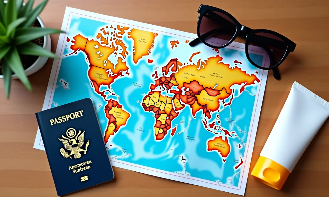 Checklist de viagem com passaporte, mapa e óculos de sol.