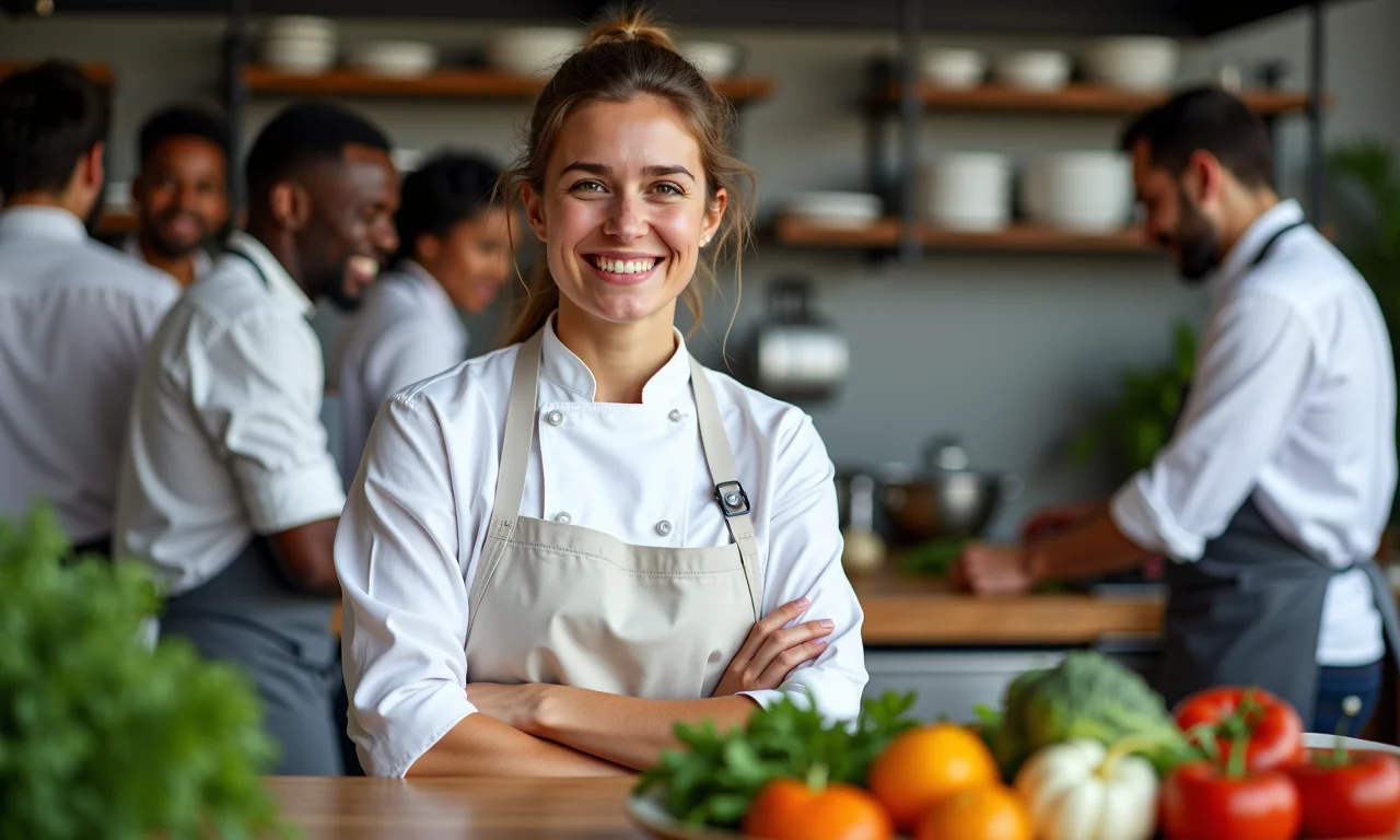 Chef sorridente dando conselhos sobre como criar um cardápio vegetariano de casamento.