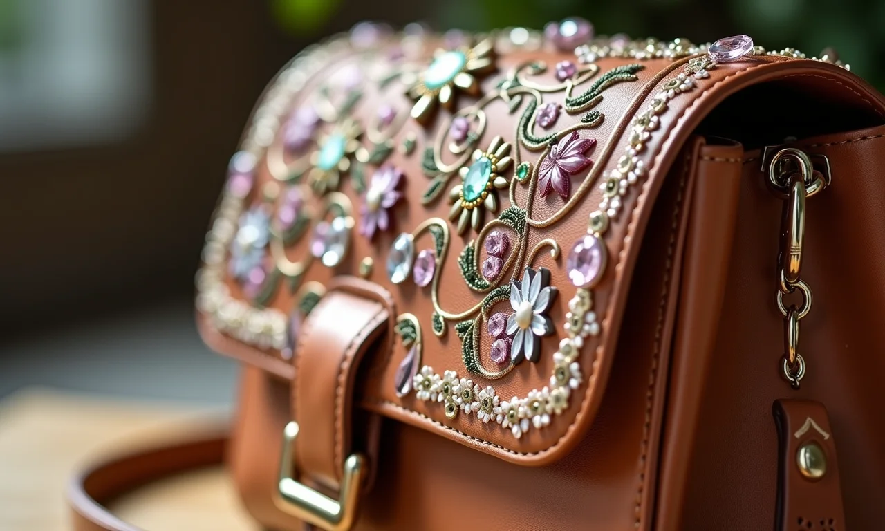 Close de uma bolsa com bordados e pedrarias delicadas.