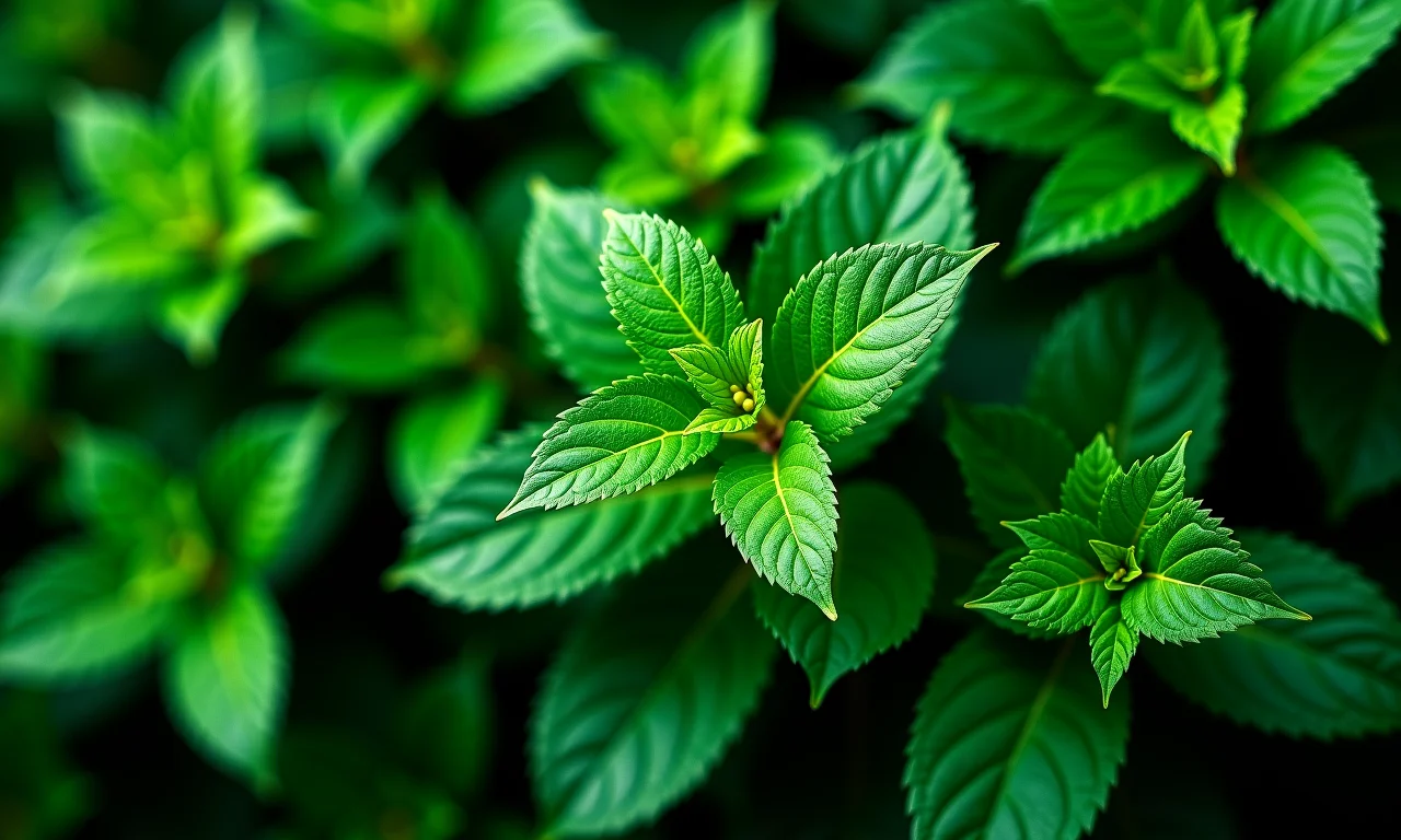 Close-up de diferentes tipos de folhagens em um painel.