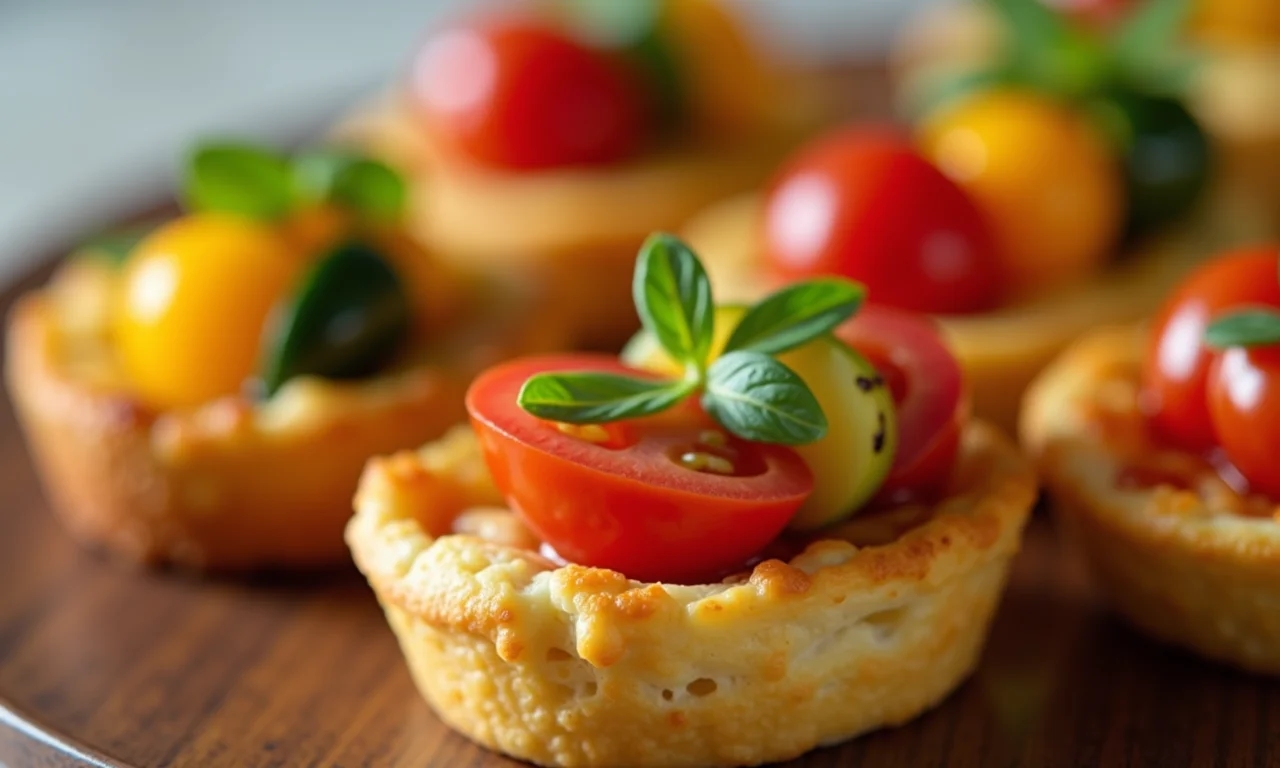 Close-up de entradas vegetarianas bem arranjadas: bruschettas, mini quiches e espetinhos de legumes.