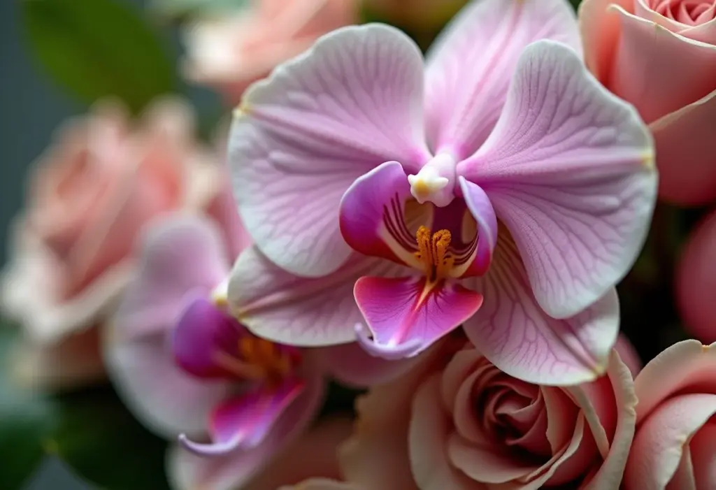 Close-up de um buquê de noiva elegante com orquídeas, rosas e lisiantos.