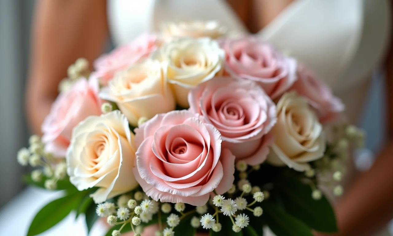 Close-up de um buquê de noiva, rosas e lisiantos, significado por trás do buquê.