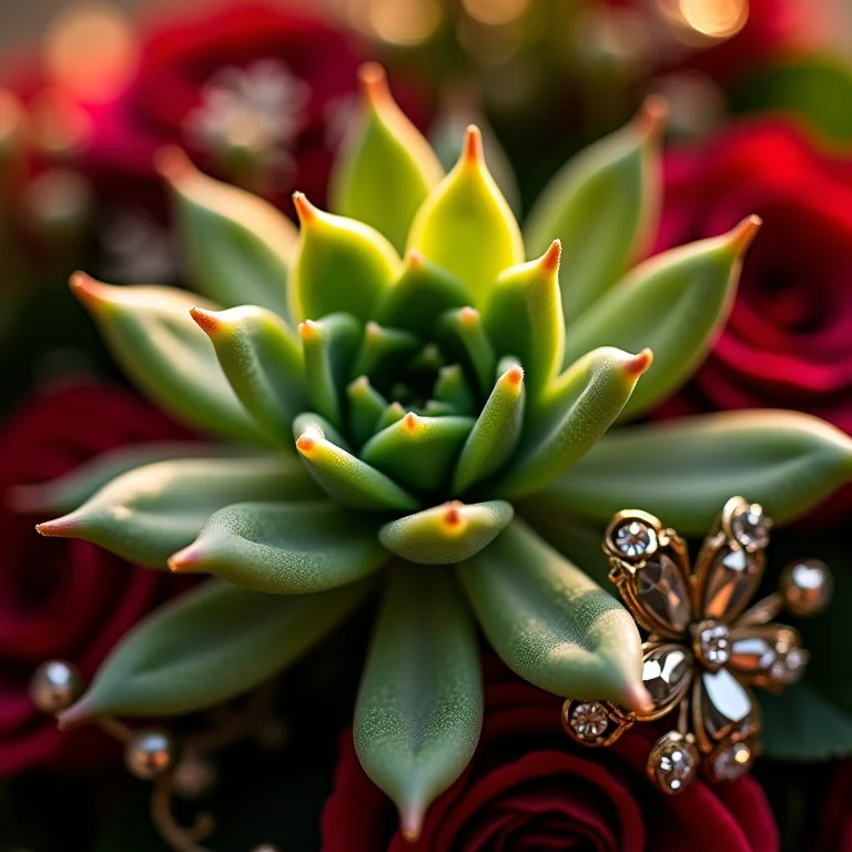 Close-up de um buquê de suculentas com broches e cristais