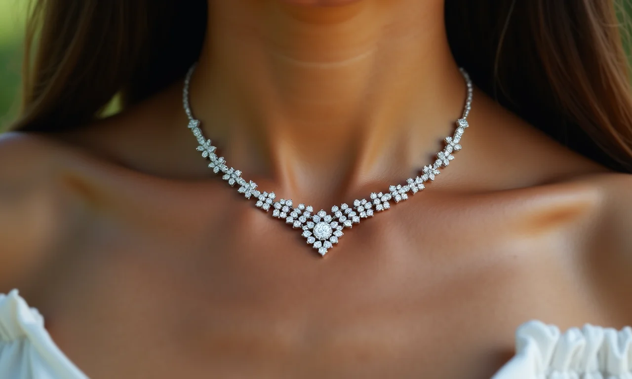 Close-up do colar de diamantes da família, usado por mulher elegante.