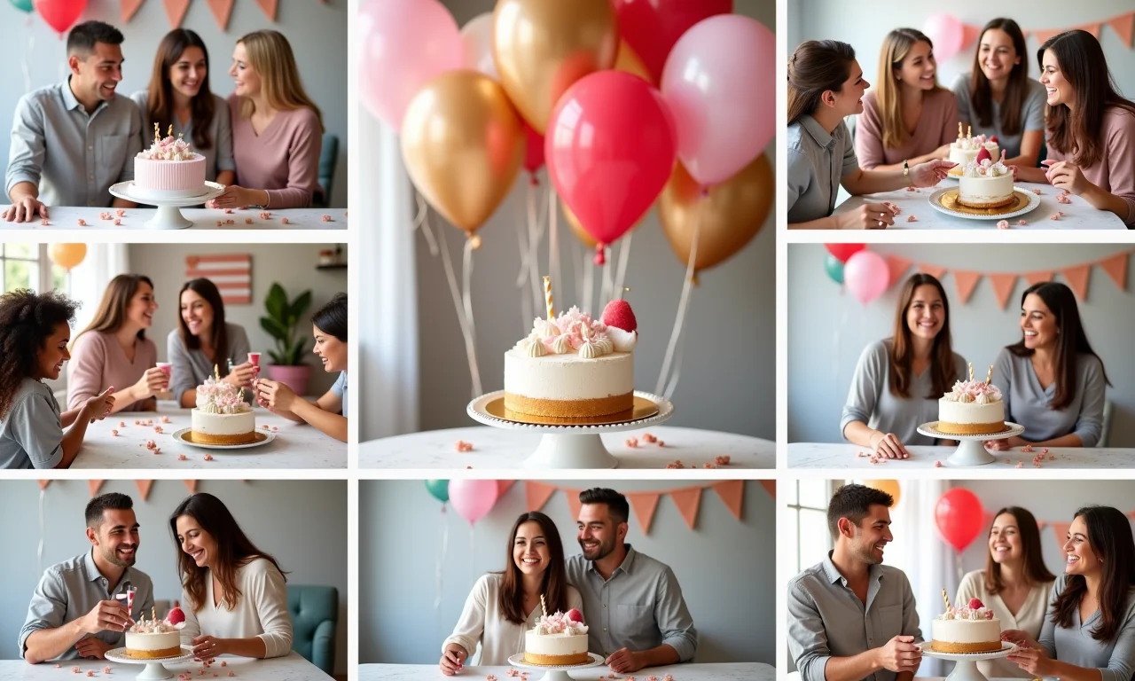 Colagem de imagens inspiradoras para festa com balões e bolo.