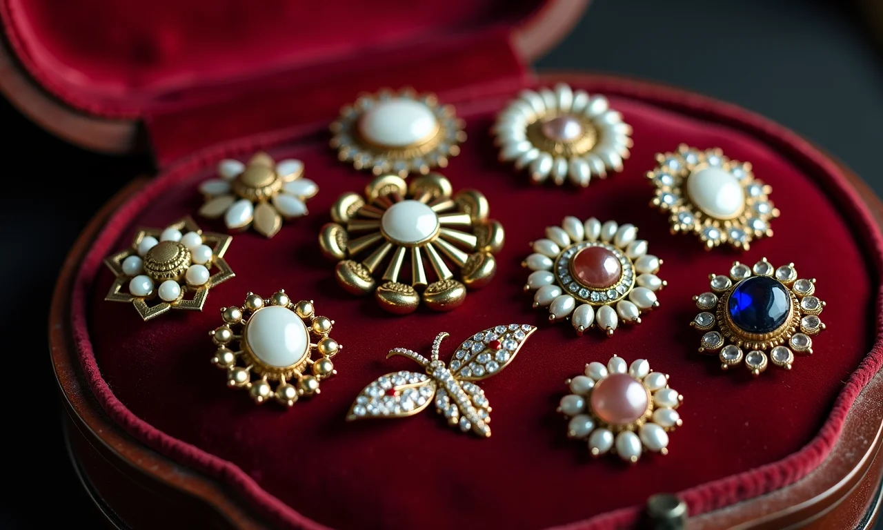 Coleção de broches vintage, exibidos artisticamente, legado familiar.