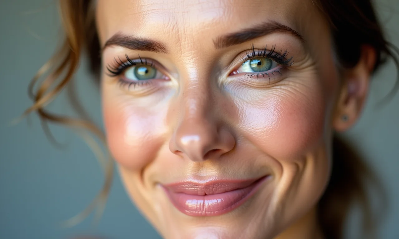 Comparativo do rosto de uma senhora com e sem maquiagem.