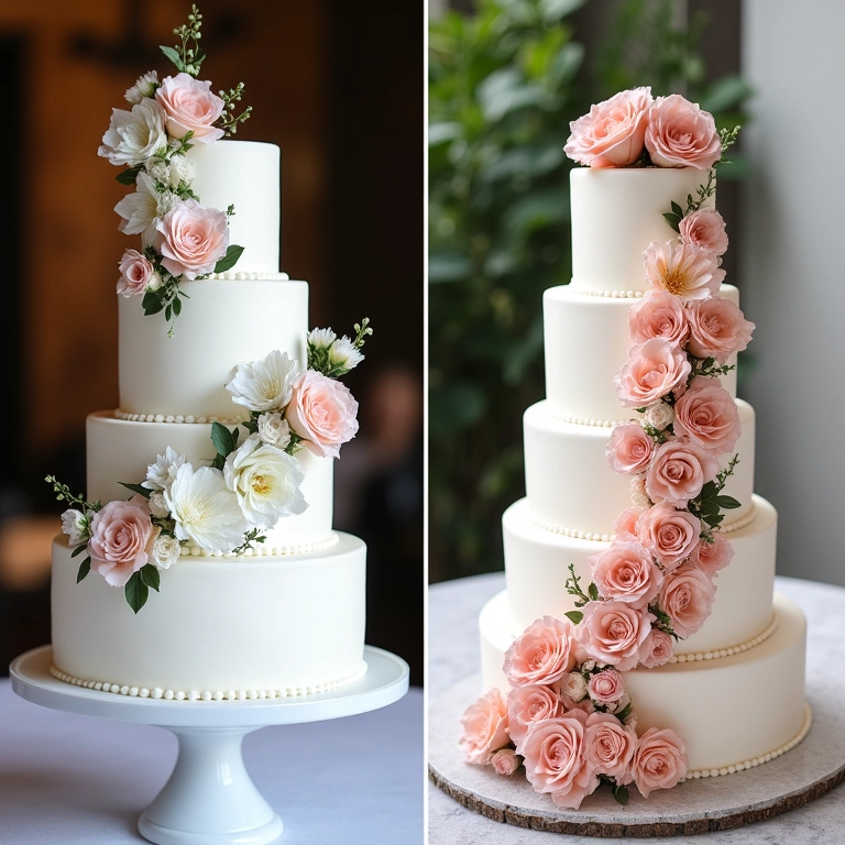 Comparativo entre bolo de casamento moderno e tradicional.