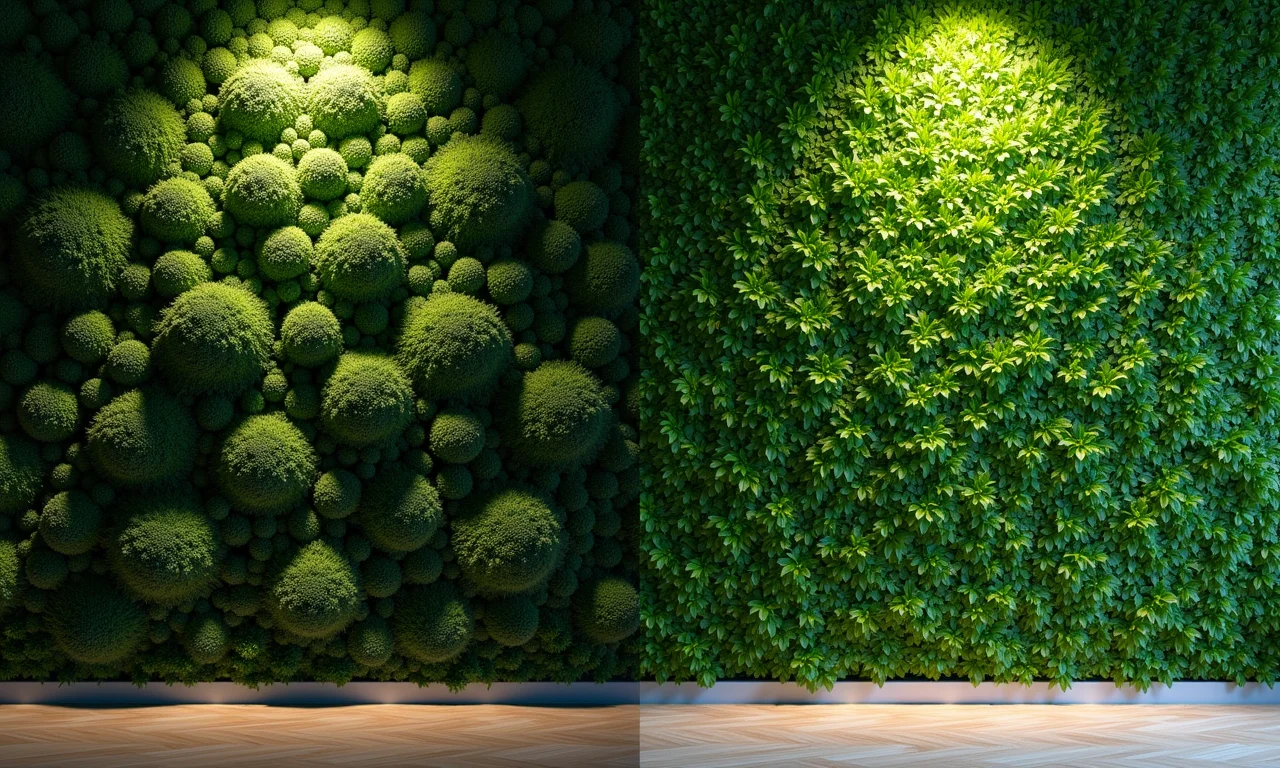 Comparativo entre painel de folhagens artificial e natural.