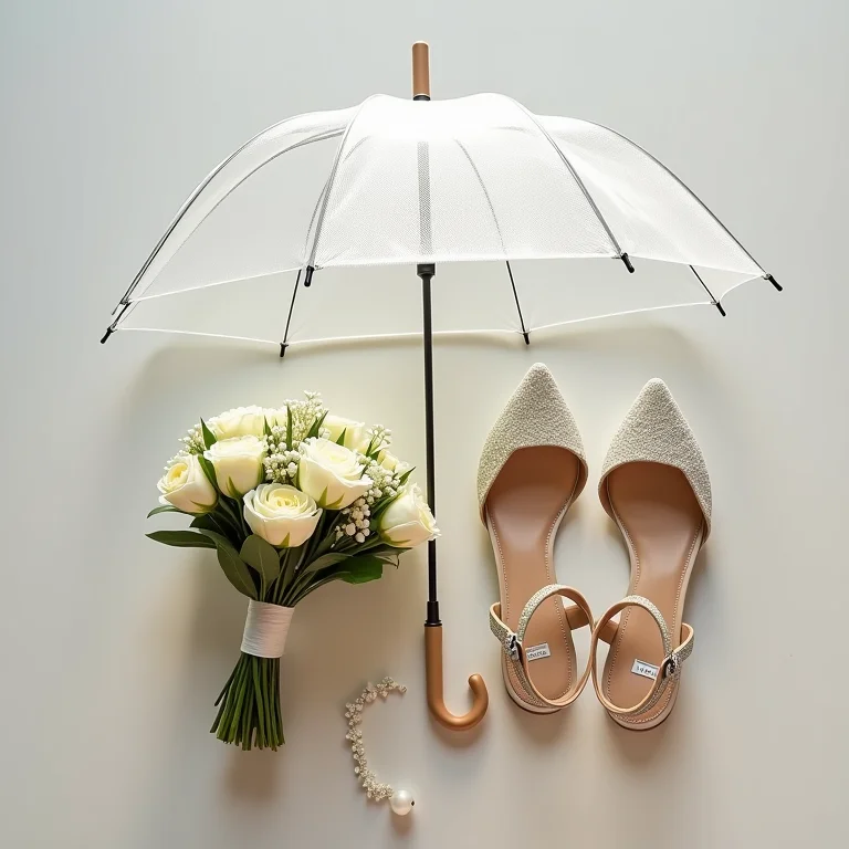 Composição flat lay com guarda-chuva transparente e acessórios de casamento.