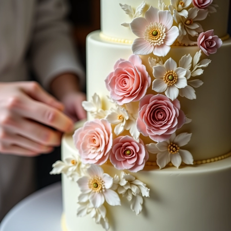 Confeiteiro decorando bolo de casamento com flores de açúcar.