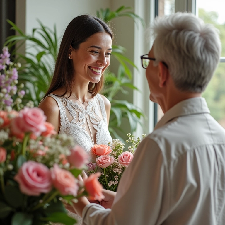Consultora de casamento ajudando casal a incluir flores favoritas dos avós na decoração.