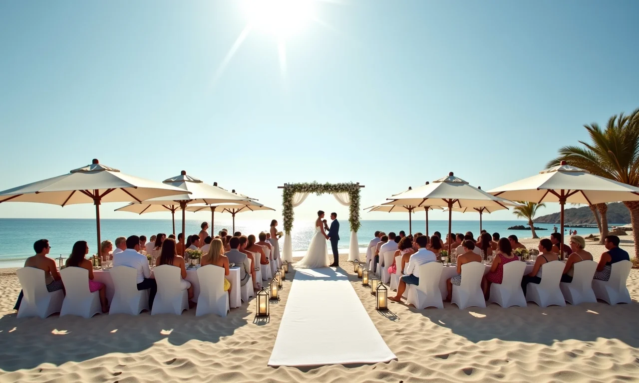 Convidados de casamento na praia sob guarda-sóis, assentos sombreados, protegendo do sol.