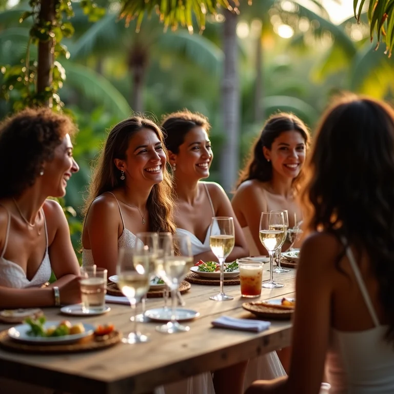 Convidados diversos reunidos em volta de uma mesa de madeira sem toalha em uma recepção de casamento ao ar livre.