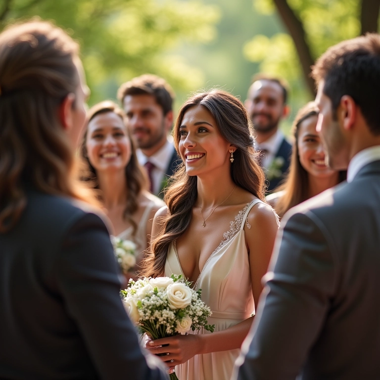 Convidados em cerimônia de casamento atentos e respeitosos.