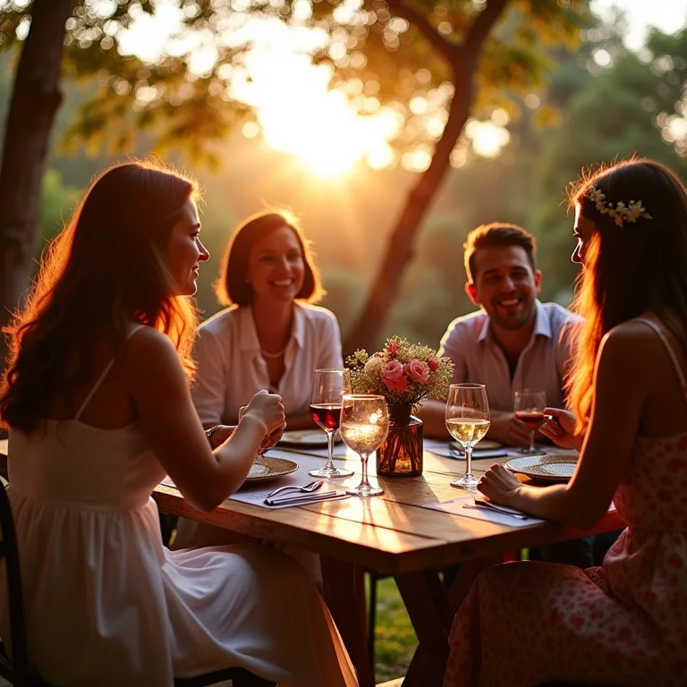 Convidados interagindo em recepção de casamento com pufes e bistrôs