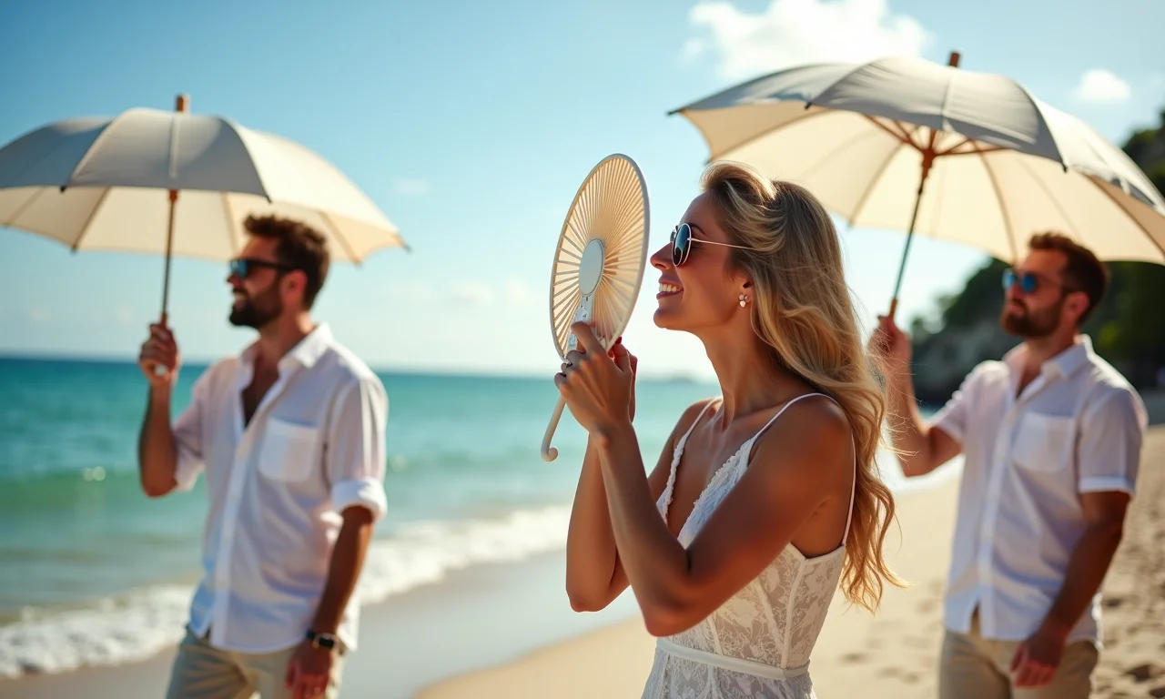 Convidados lidando com o calor em um casamento na praia.