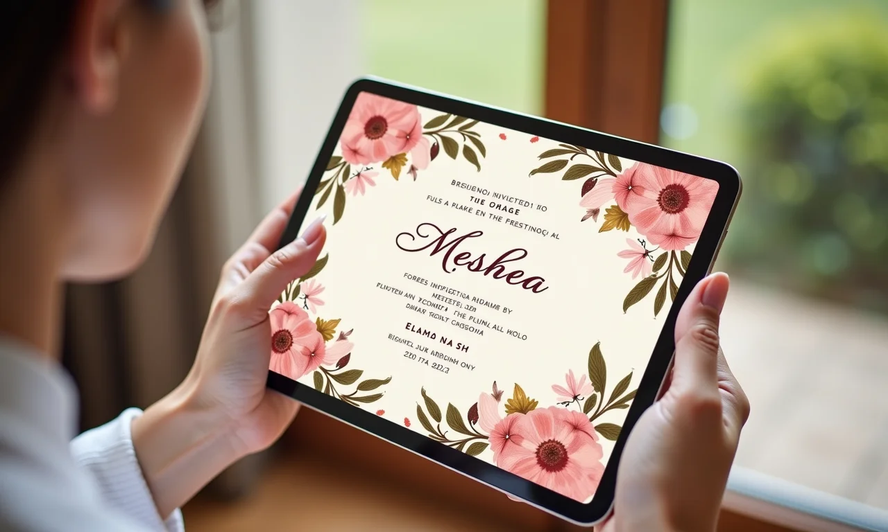 Convite de casamento digital elegante em tablet com design brasileiro.