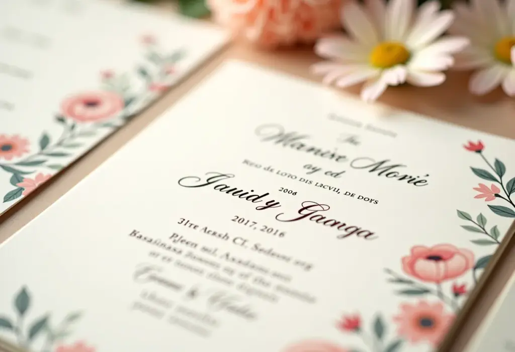 Convite de casamento elegante com caligrafia e detalhes florais