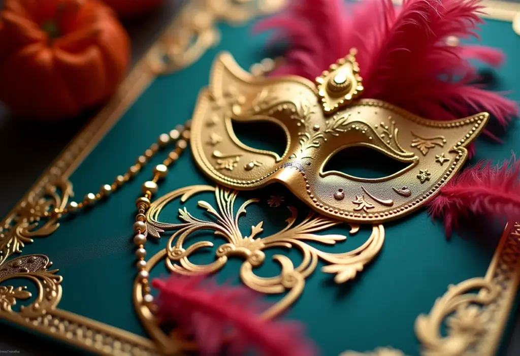 Casamento Carnaval de Veneza: O tema dos sonhos! ✨🎭 Convite de casamento temático Carnaval de Veneza com detalhes dourados
