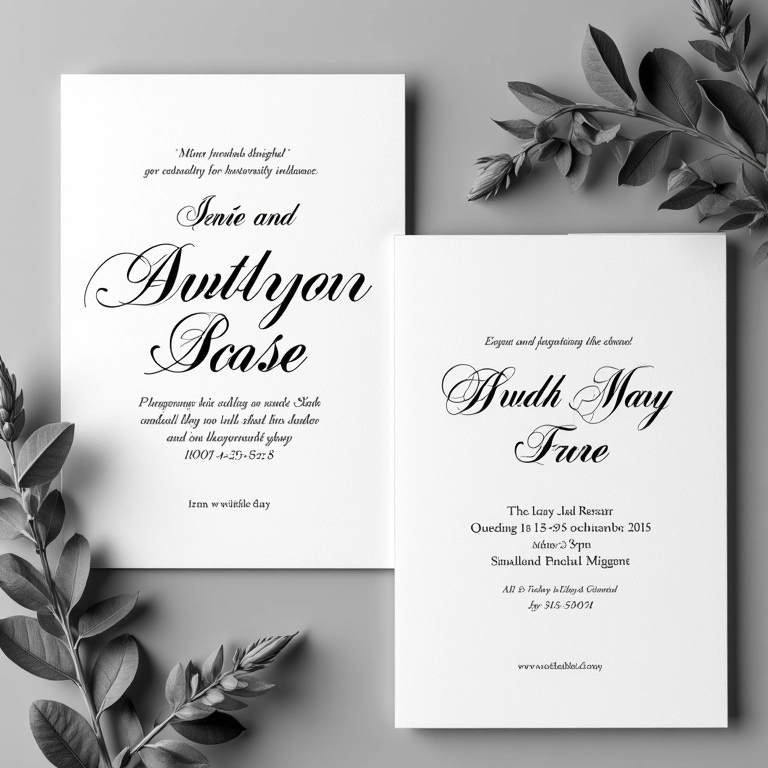 Convites de casamento personalizados em preto e branco.