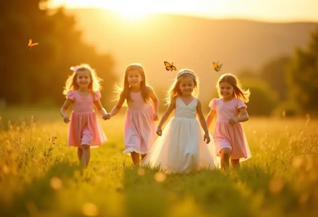 Entrada das daminhas e pajens: 5 erros que você não pode cometer Crianças daminhas e pajens correndo em campo ensolarado.