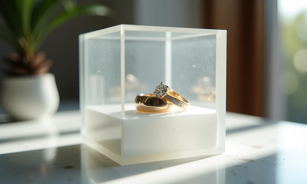 Cubo de acrílico personalizado com alianças.