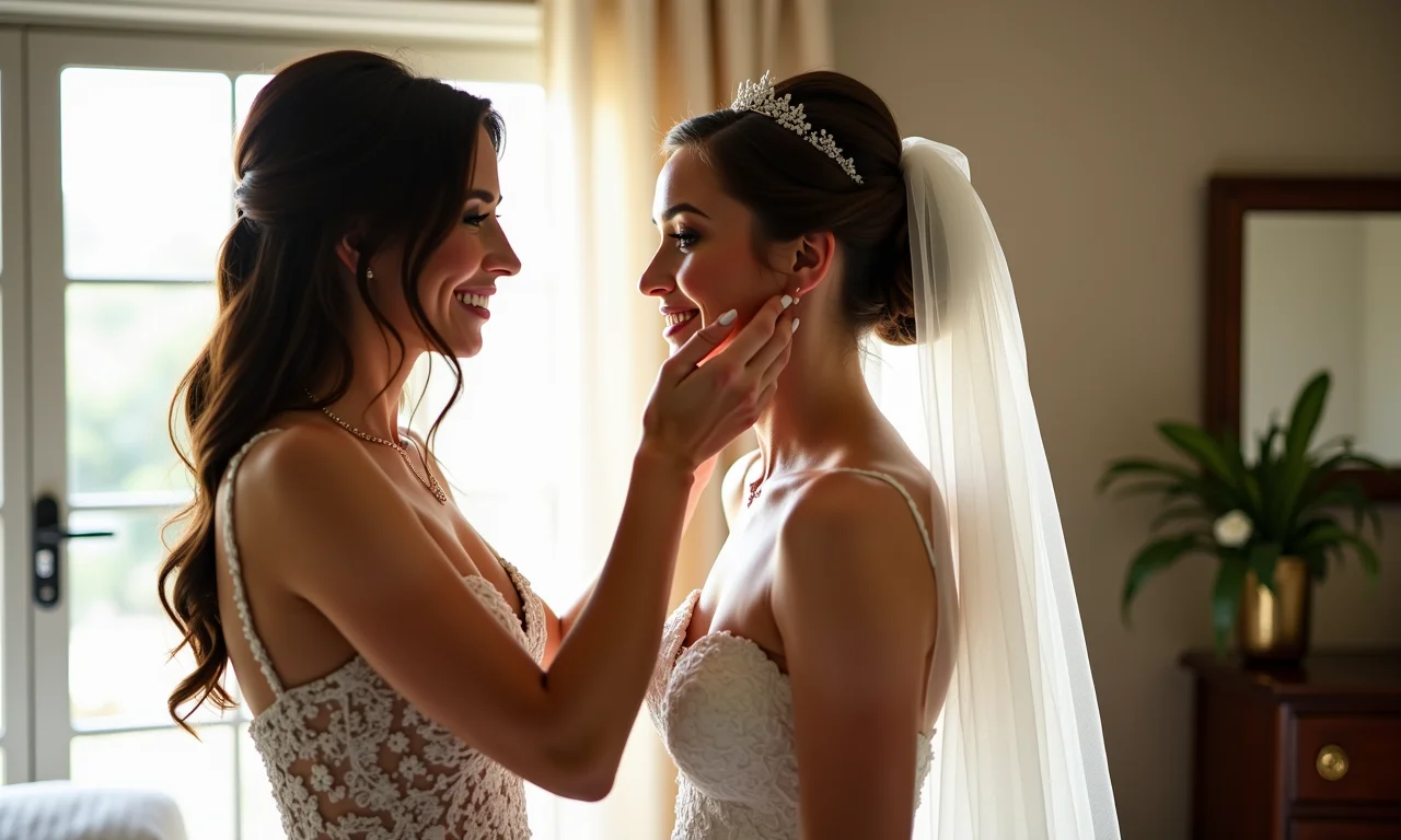 Dama de honra ajudando a noiva a se aprontar no dia do casamento.