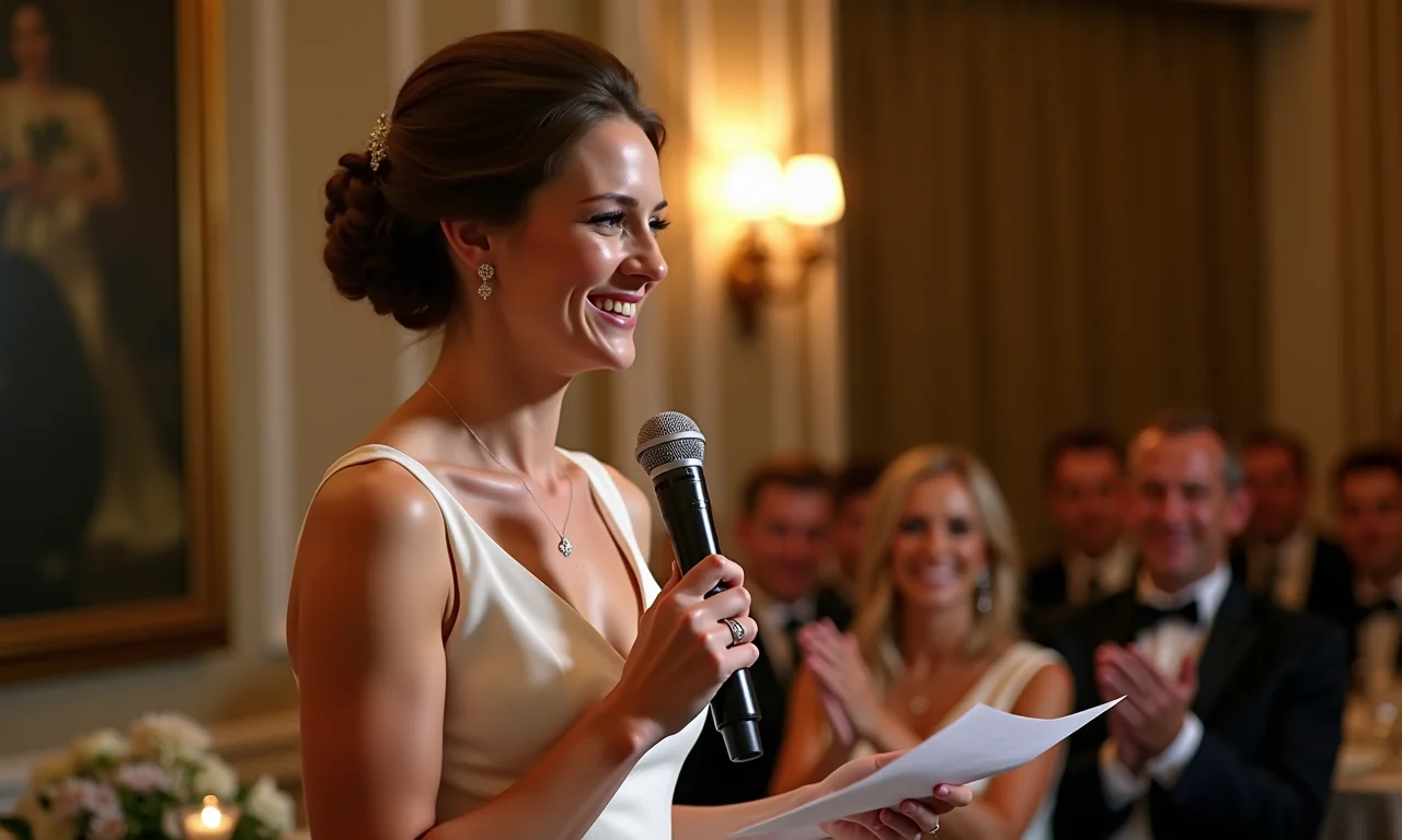 Dama de honra fazendo discurso emocionante na recepção do casamento.