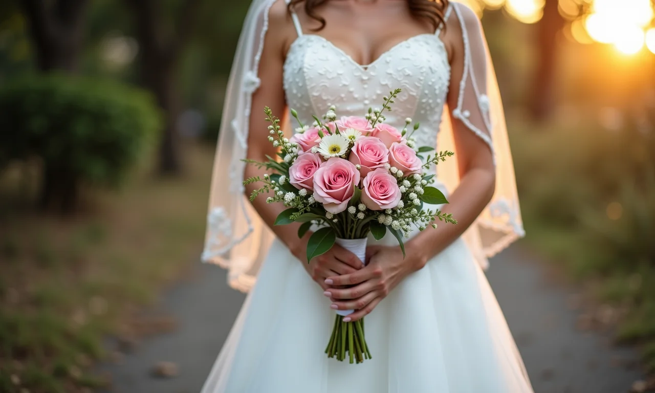 Dama de honra segurando um buquê de Santo Antônio em um casamento católico.