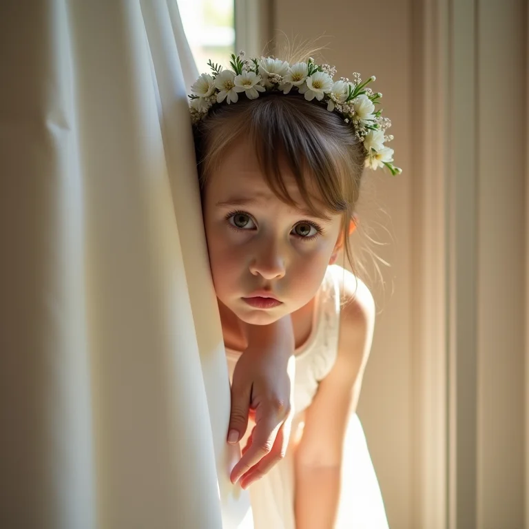 Daminha tímida escondida atrás da mãe em casamento.