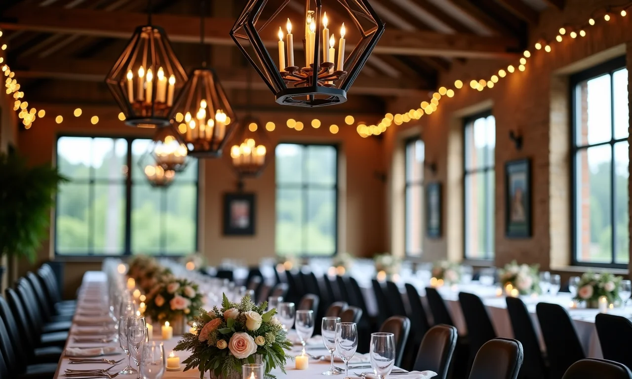 Decoração aérea com lustres geométricos pretos em uma recepção de casamento.