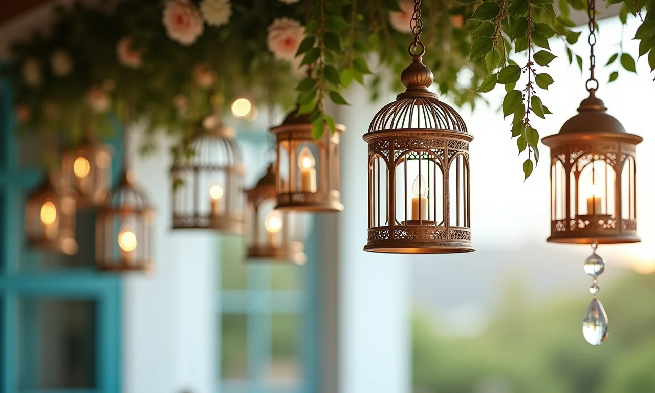 Decoração aérea com objetos decorativos suspensos: gaiolas, molduras vintage e cristais.