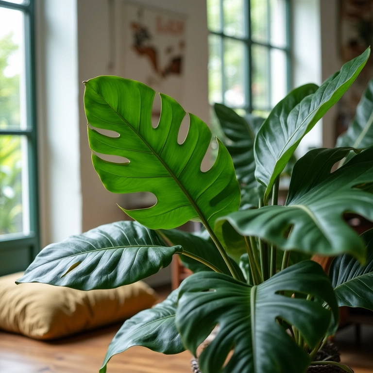 Decoração com Costela de Adão: A Folhagem Tropical Decoração com folhagens de Costela de Adão em sala de estar iluminada e vibrante.
