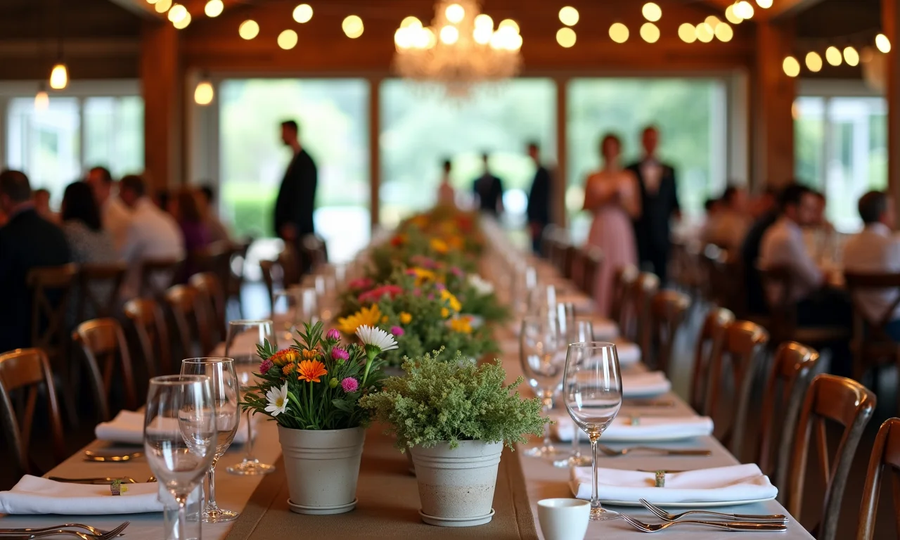 Decoração de casamento com flores plantadas como centros de mesa.