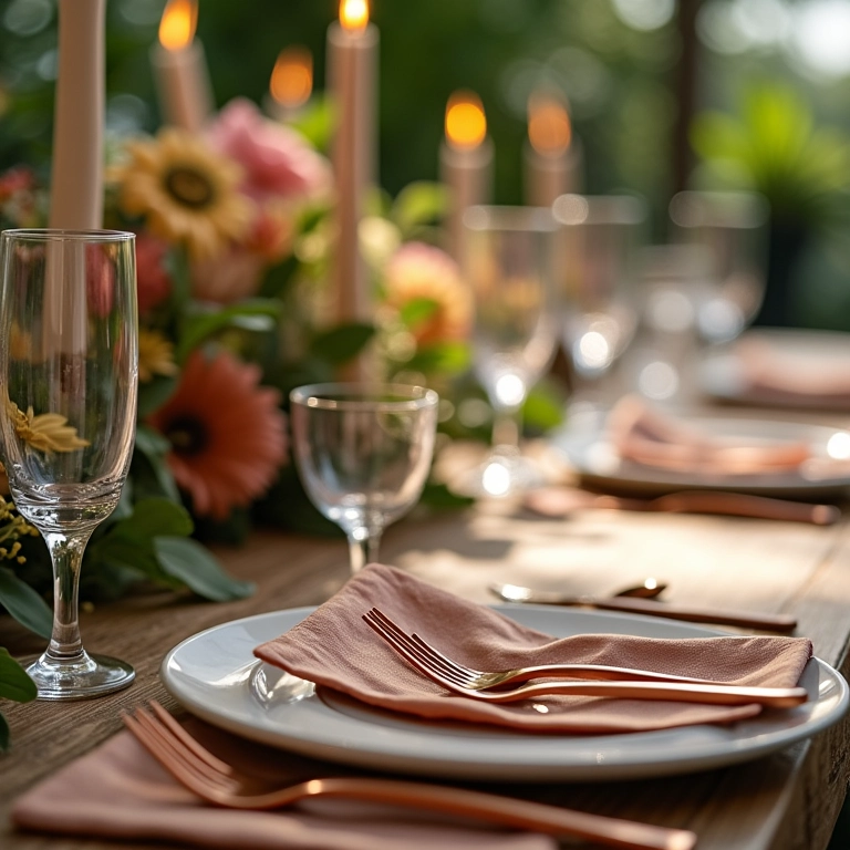 Decoração de casamento com talheres de cobre e detalhes vibrantes ao estilo brasileiro.
