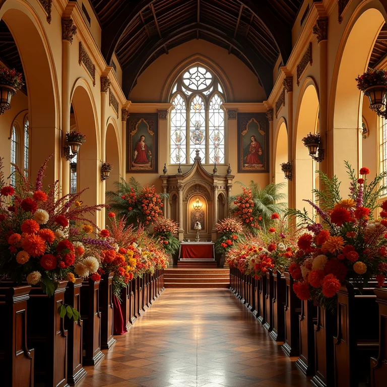 Decoração de casamento com tema Carnaval de Veneza em igreja colonial brasileira