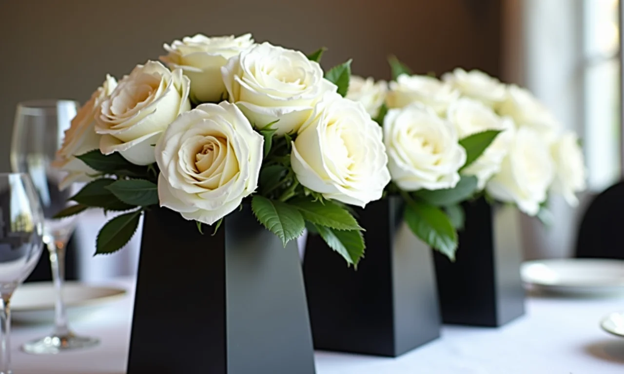 Decoração de casamento elegante em preto e branco com vasos geométricos e rosas brancas.
