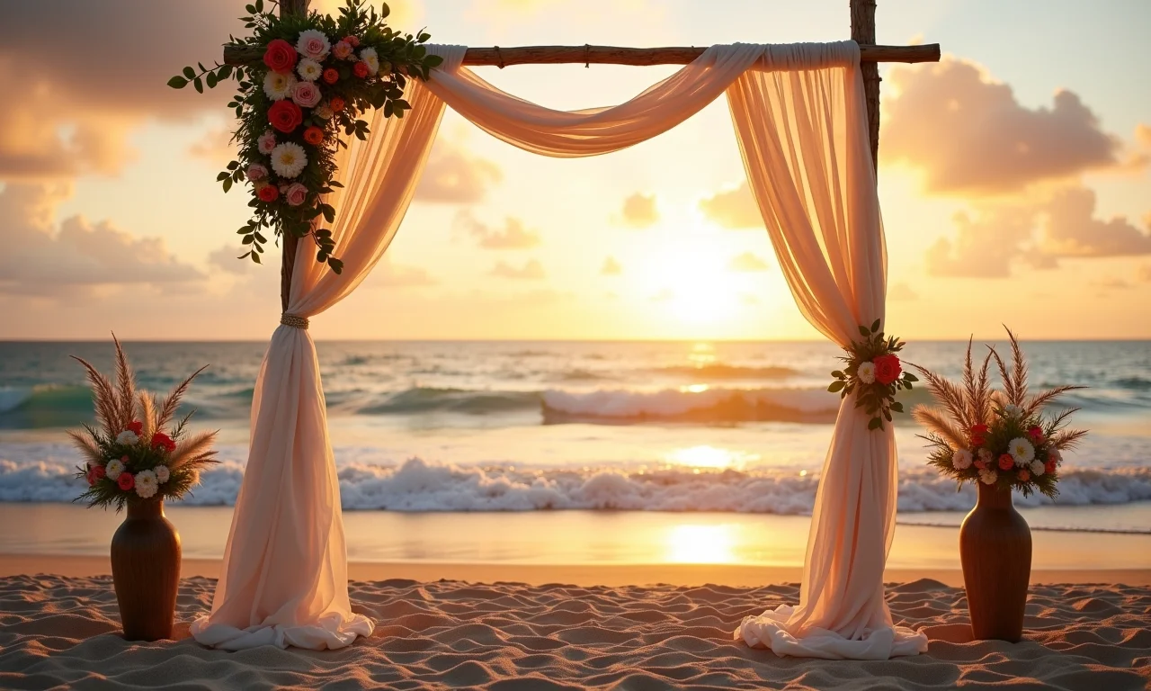 Decoração de casamento na praia com elementos naturais e design brasileiro, cores do pôr do sol.