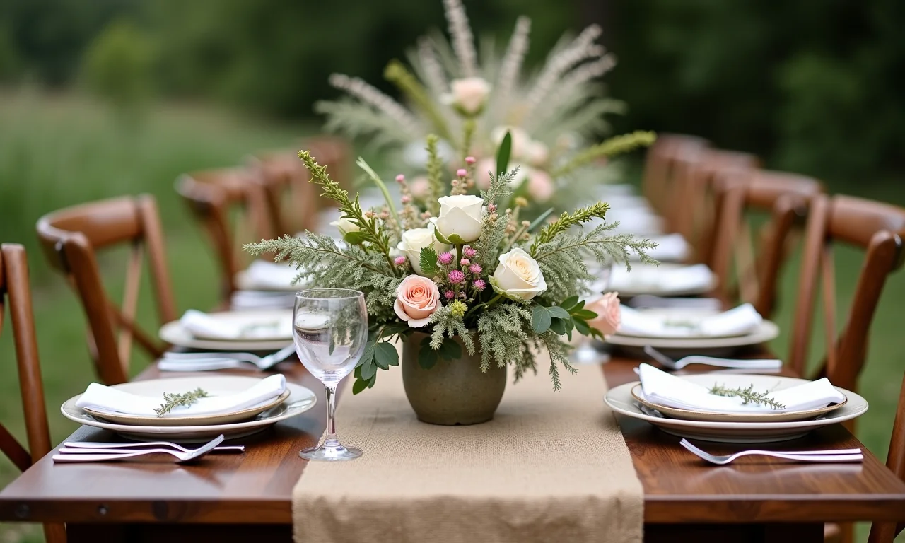 Decoração de casamento rústico vintage com mesas de madeira.