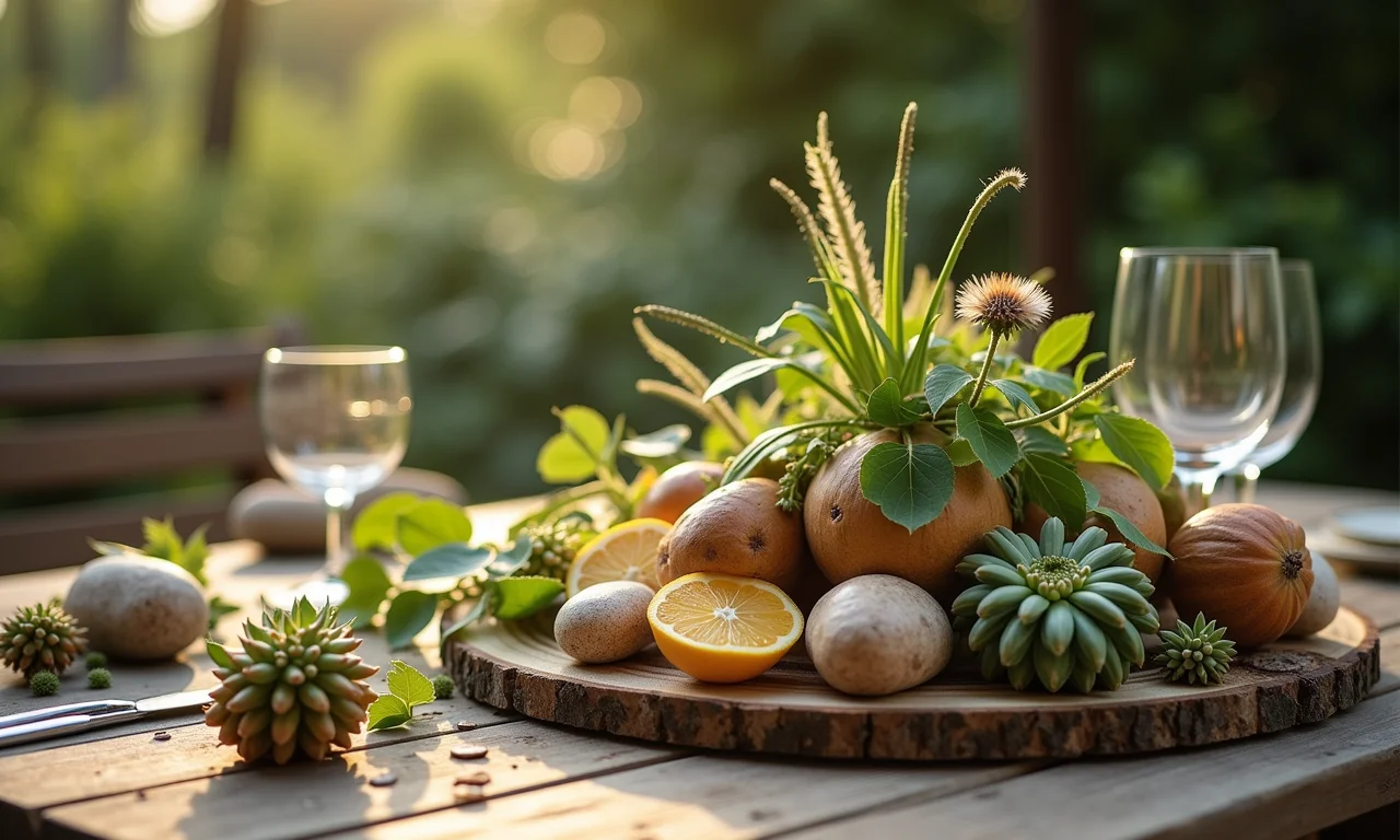 Decoração de casamento sustentável com materiais reciclados.