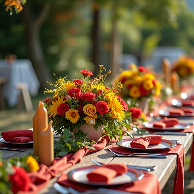 Decoração de casamento vibrante com flores e design brasileiro.