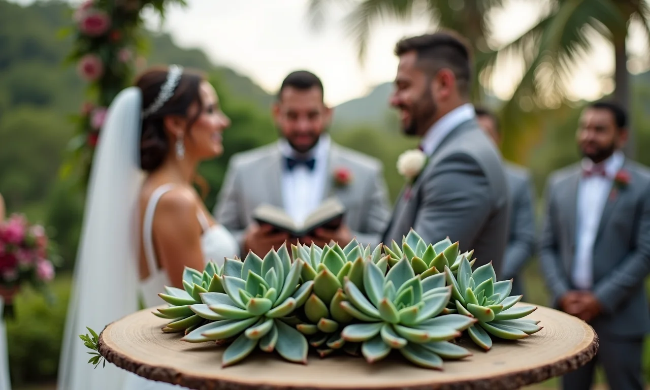 Decoração de cerimônia de casamento com suculentas no altar.