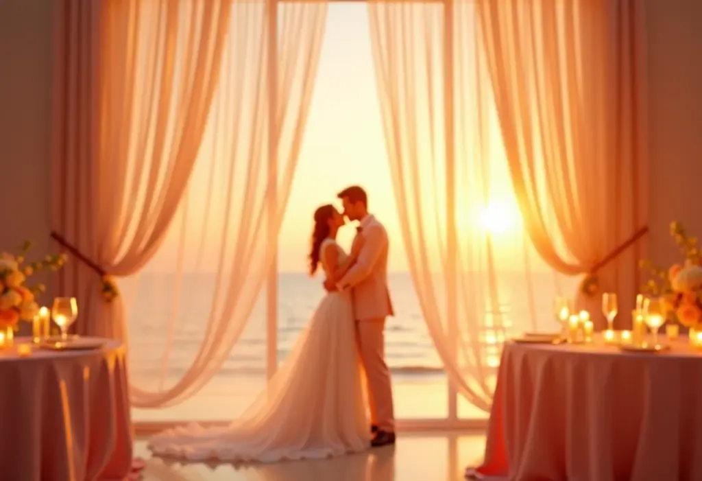 Decoração elegante de festa de noivado com luz suave e cores pastel