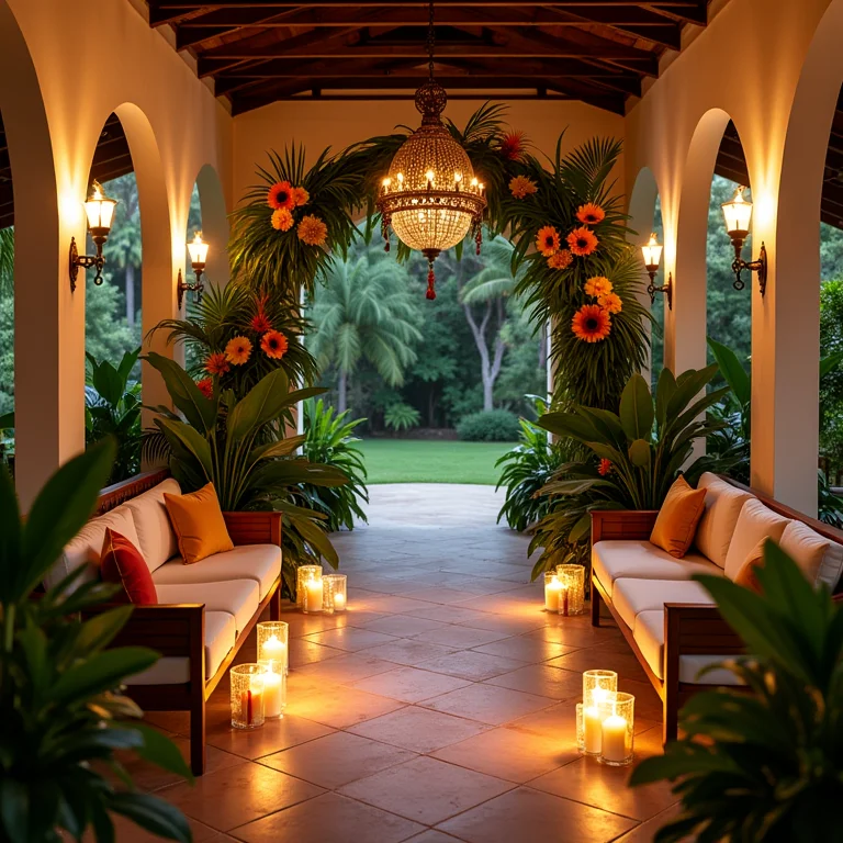 Decoração exuberante com flores tropicais e velas em casa colonial brasileira para welcome party