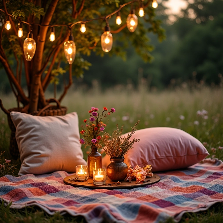 Decoração rústica charmosa para casamento piquenique com flores e luzes.
