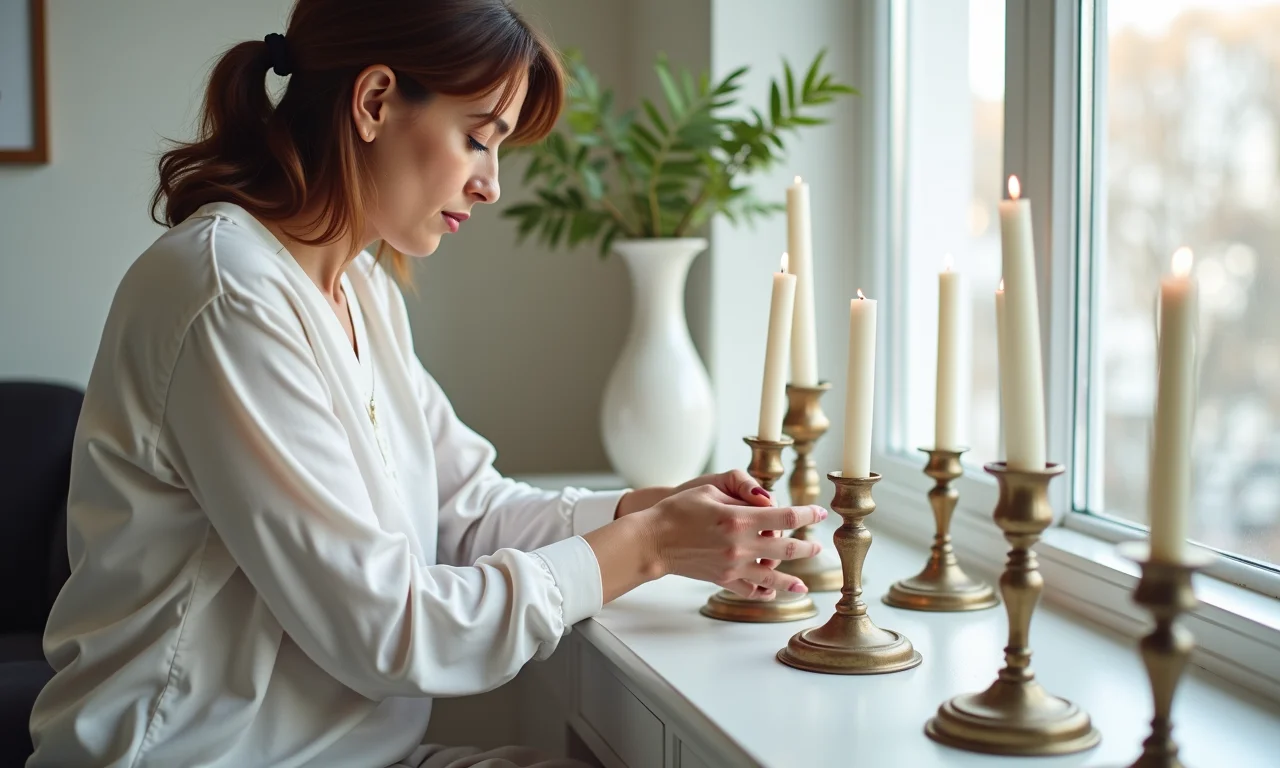 Designer de interiores arrumando castiçais em uma mesa de console.