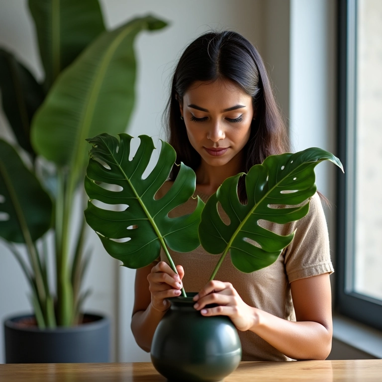 Designer de interiores brasileira arrumando folhas de Costela de Adão em um vaso.