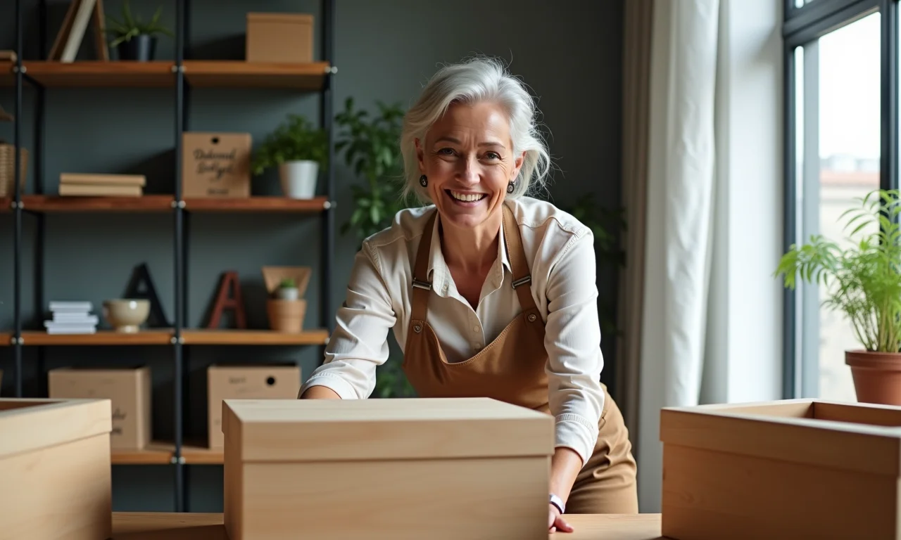 Designer de interiores organizando caixas de madeira em casa brasileira.